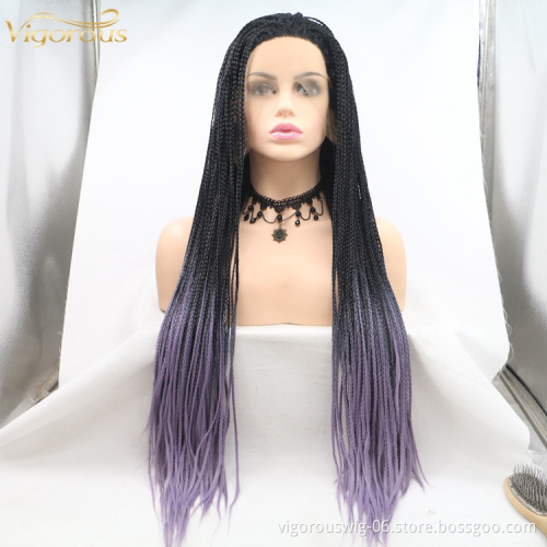 Long straight ombre black purple cheap wholesale high quality heat resistant synthetic braided wig lace front